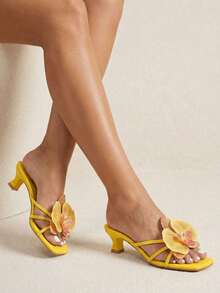 Women's Popular Summer Fashion Elegant Solid Color Multi-Strap Butterfly Orchid Flower Decor Slip-On Square Toe Thong Kitten Heel Yellow Sandals - Yellow - View 3
