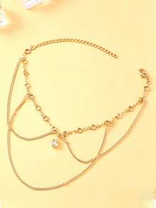 outingfit 1pc Gold Rhinestone Arm Chain, Elegant Water Drop Pendant Upper Arm Jewelry, Multi-Layer Draped Chain Design, Bohemian Luxury Style Women's Body Accessory, Suitable For Party, Music Festival, Beach, Vacation Wear - Gold - View 2