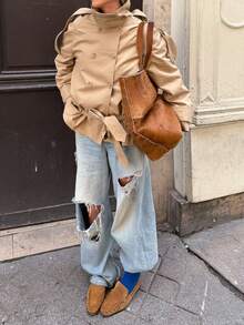 Camellia Spring/Summer New Women's European And American Style Fashion Minimalist Versatile Short High Neck Trench Coat - Khaki - View 2