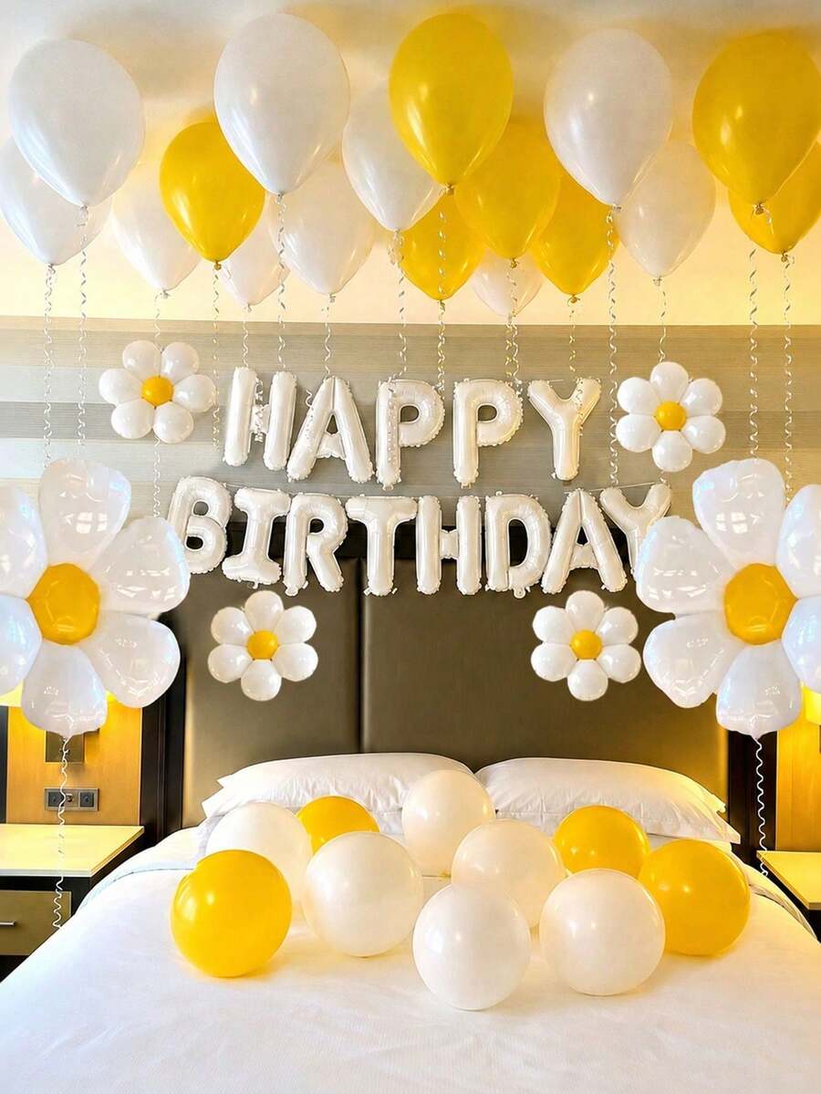 44pcs 16 Inch White HAPPY BIRTHDAY Letter Balloons Set, Daisy Foil Balloons, White & Yellow Latex Balloons, Suitable For Birthday Party, Baby Shower Decoration - Multicolor - View 1