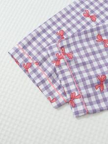 2pcs Women's Pajama Set, Simple Plaid Bow Print Long Sleeve Lapel Top And Pants Casual Sleepwear Loungewear Set - Purple - View 7