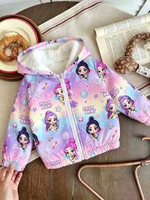 Young Girl Cartoon Print Warm Hooded Jacket - Purple - View 2