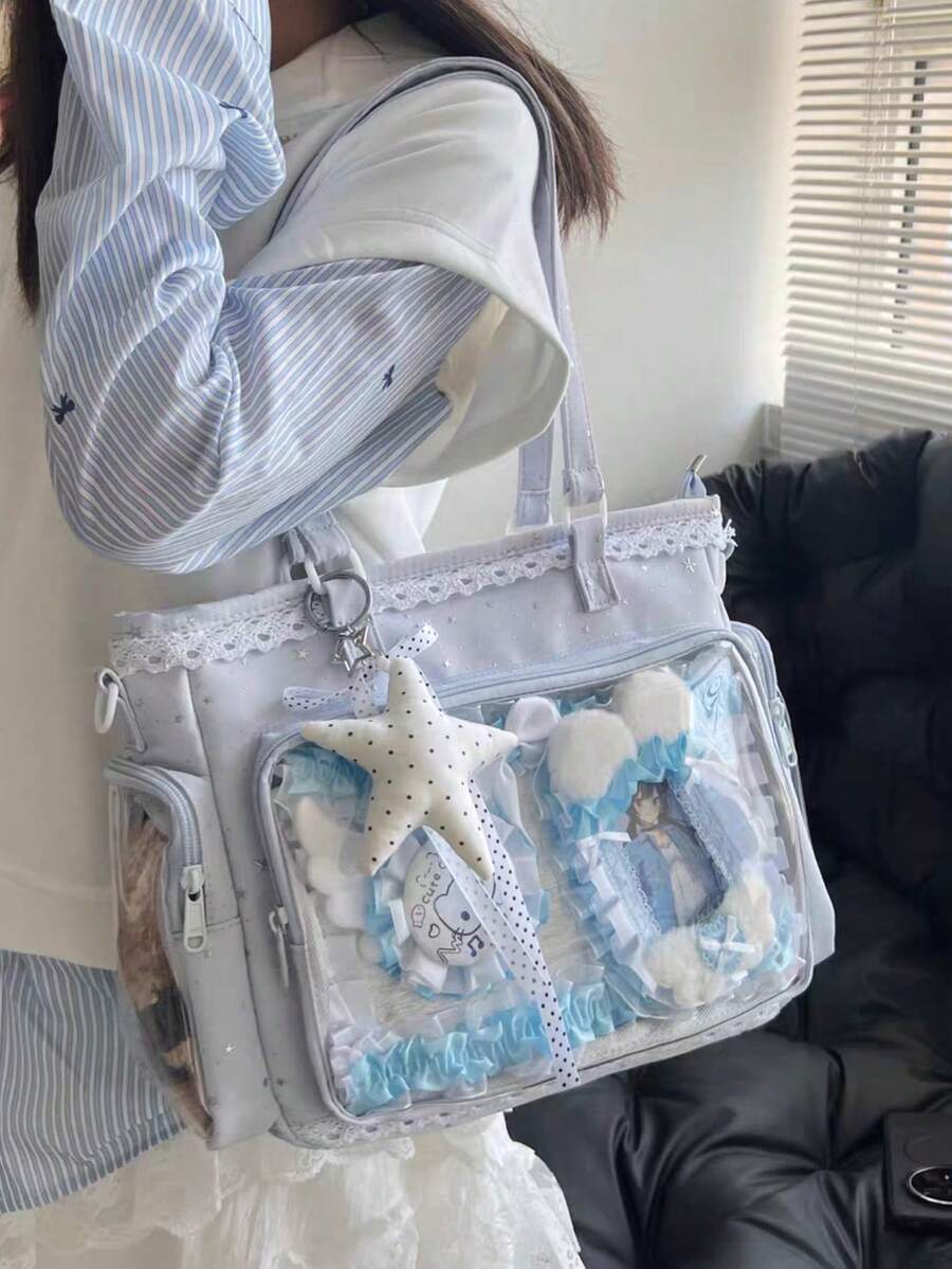 1件日式軟妹清新百搭女款單肩包，高品質尼龍材質搭配滿版星星印花，蕾絲飾邊增添優雅細節，2D JK 動漫展 DIY 透明裝飾包，雙側口袋透明層日常休閒大容量托特包，輕量學生書包，可愛甜美風格女包，尼龍防水布料 Ita 包，適合展示動漫周邊、動漫展、購物、派對、旅行