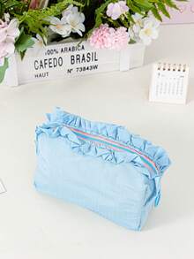 Cute Ruffle Trim Cosmetic Bag Plain Makeup Bag Portable Toiletry Bag Travel Makeup Clutch Pouch Grid Pattern Make Up Bag Zipper Handbag Brushes Holder - Multicolor - View 21