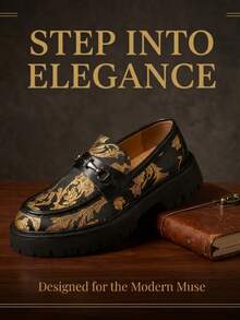 Black & Gold Baroque Jacquard Thick Sole Loafers With Horsebit Buckle Slip-On Dress Shoes Height Increasing Anti-Slip Casual Men's Shoes Fashion British Style Derby Shoes [Random Pattern] - Black - View 5