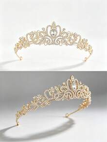 1pc Crystal Wedding Headpiece, Suitable For Bride, Girl, Princess Headpiece, Pageant Crown, Bridal Hair Accessory - Gold - View 3
