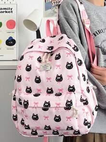 1pc Cute Cartoon Cat/Bow Pattern Nylon Backpack, Lightweight Large Capacity School Day Bag, Adjustable Shoulder Strap Bookbag, Suitable For Girls/Teenagers/Students/Graduates, Perfect For Daily Use, Outings, Travel, School And Back To School Season. - Pink - View 8