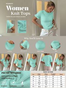 Atasan Kaos Wanita Kasual Warna Polos Kerah Bulat dengan Hiasan Rumbai dan Lipatan Lengan Pendek Longgar Bahan Campuran Wol, Musim Semi/Musim Gugur/Panas - Mint Blue - View 7