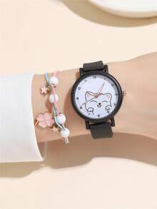 2pcs/Set Fashion Minimalist Cat Digital Face Quartz Silicone Strap Student Watch + Bracelet - Black - View 2