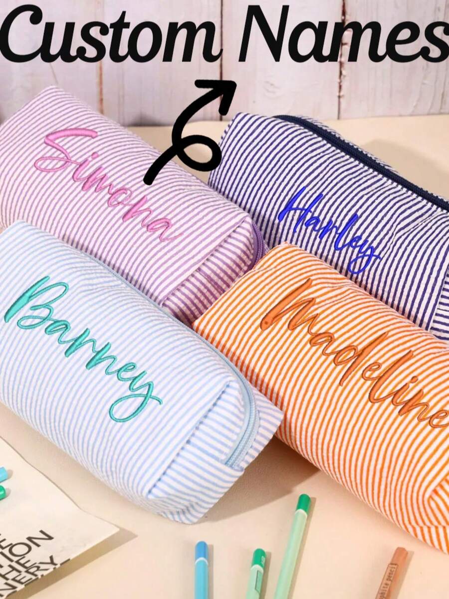 Personalisierte Nadelstreifen-Federtasche, anpassbarer Name, Geschenk zum Schulanfang, bestickte Schreibwaren-Aufbewahrungstasche, Kinder-Federtasche