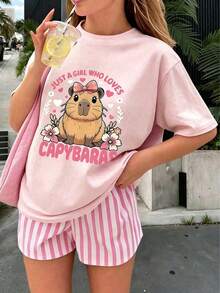 Ropa De Niño Talla 10 O 12 Ropa Niño Talla 10 Conjuntos De Niño Ropa De Mujer Playeras De NiñoCamiseta de manga corta con estampado de capibara para niñas preadolescentes, blusa casual de ve - Rosa - Ver 1