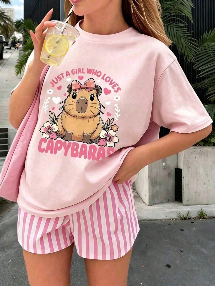 Ropa De Niño Talla 10 O 12 Ropa Niño Talla 10 Conjuntos De Niño Ropa De Mujer Playeras De NiñoCamiseta de manga corta con estampado de capibara para niñas preadolescentes, blusa casual de ve - Rosa - Ver 1