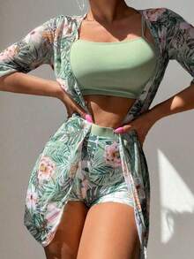 3 paquetes Conjunto De Bikini Impreso Tropical De Tres Piezas Para Mujer Sujetador push up & hipster Bottom de bikini & Kimono 3 piezas Bañador,short - Rosa - Ver 4