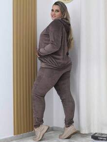 Pietra Plus Size Fleece Set, Autumn/Winter Collection, Women's Fashion, Super Versatile - Óxido marrón - Ver 2