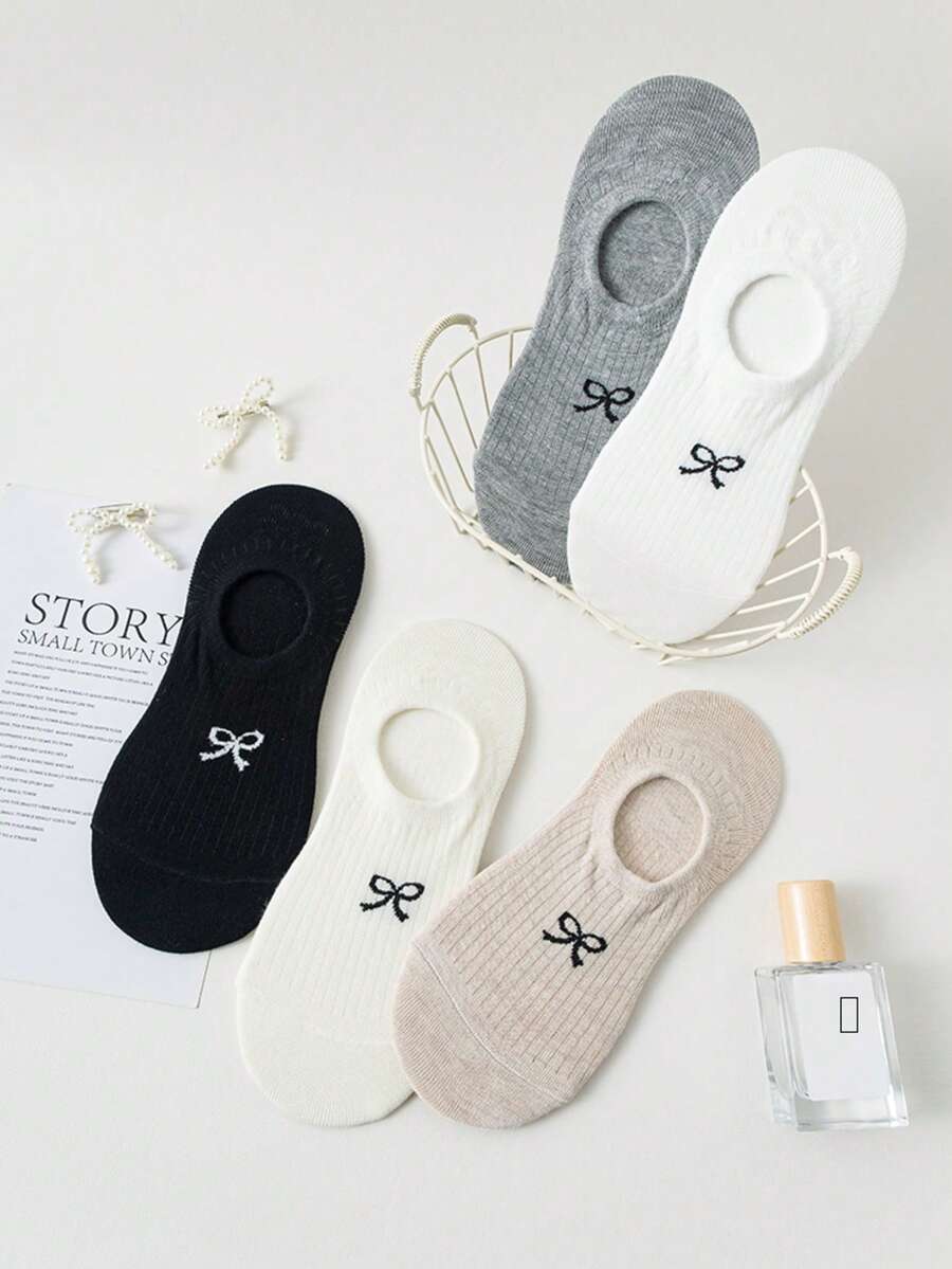 5 Pairs Women's Spring/Summer Minimalist Bow Invisible No-Show Socks, Solid Color Breathable Versatile Low-Cut Socks, Non-Slip Lining, Daily Wear Anti-Slip - Multicolor - View 1