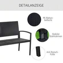 Poly Rattan Garden Bench, 2-Seater Park Bench With Steel And Wicker Frame, Black, W 122 X D 60 X H 87 Cm, For Garden And Patio - Black - View 6