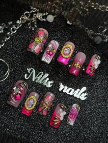 10pcs Handmade Fully Covered Square Nails Press On Nails, Hot Pink Nails,Soft Shimmer Romantic Spicy Style,Reusable False Nails With Jelly Glue And Nail File,Suitable For Summer Dating, Party,Wedding Banquet,Gentle Office Daily Styling - Hot Pink - View 2