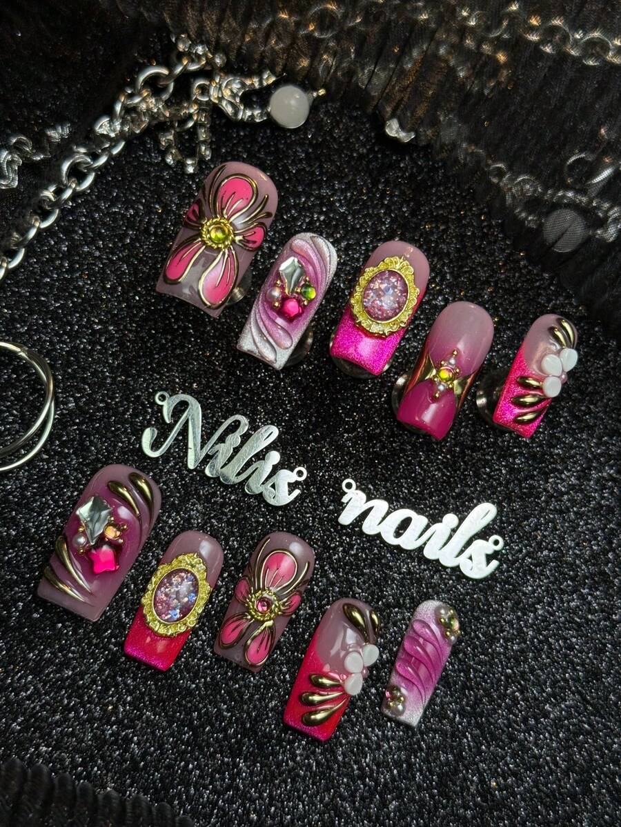 10pcs Handmade Fully Covered Square Nails Press On Nails, Hot Pink Nails,Soft Shimmer Romantic Spicy Style,Reusable False Nails With Jelly Glue And Nail File,Suitable For Summer Dating, Party,Wedding Banquet,Gentle Office Daily Styling