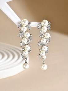 1 Pair Luxury Faux Pearl & Rhinestone Large Drop Earrings For Women, Suitable For Wedding, Banquet, Anniversary - Silver - View 3