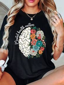 Women's "Mental Health Matters" Floral & Brain Graphic Tee - Soft Breathable Round Neck Short Sleeve Casual Top - Vibrant Colorful Flowers Design for Spring Summer Fall - Negro - Ver 2