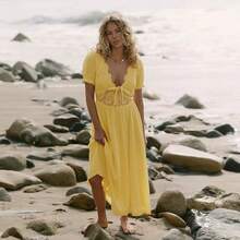 Summer French Retro Lace Patchwork Backless Lace-Up Long Dress With V-Neck And Irregular Hem, Slimming Dress. Breathable And Comfortable - Yellow - View 2