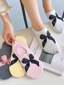 6 Pairs Multicolor Assorted New Chinese Ballet Style Solid Color Bow Knot Boat Socks Spring Summer Thin Invisible Low-Cut Ankle Socks Ins - Multicolor - View 4