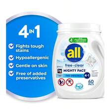 Tide All Free Clear Mighty Pacs Laundry Detergent, Hypoallergenic Formula, Dye-Free & Fragrance-Free, Powerful Stain Removal, HE Compatible, 60 Count - Detergent - View 2