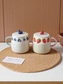 1pc Embossed Fruit Striped Ceramic Mug, Exquisite Coffee Cup With Lid, Lemon, Peach, Strawberry And Blueberry Pattern, Elegant And Practical, Suitable For Home Decor, Father's Day Gift, Father's Day Decoration, Independence Day Gift Decoration, Back To School Gift, Halloween Decoration And Christmas Decoration, Suitable For Coffee Cup, Living Room, Bedroom, Coffee Art, Gift. - Multicolor - View 4