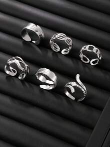 Men's 6pcs Stainless Steel Ring Set, Minimalist Feather Chain Hollow Design Open Ring, Versatile Everyday Wear, Gift For Boyfriend - Silver - View 3