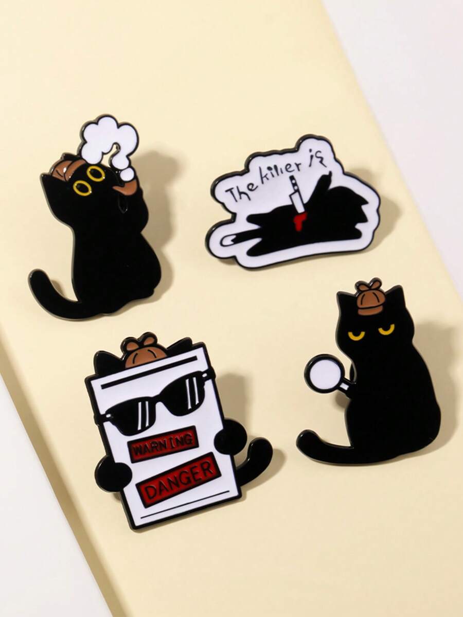 4pcs Creative Detective Black Cat Letter Brooch, Unique Creative Fashion Accessory, Suitable As A Gift For Cat Lovers