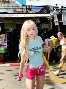 Y2K Letter Print Slim Fit Mint Green Short Sleeve T-Shirt For Women, Summer Niche American Design Unique Top Casual - Mint Green - View 6