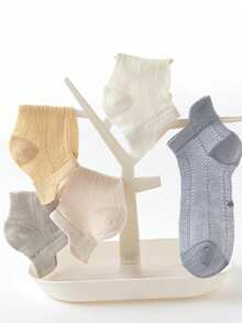 5雙春夏薄款兒童短襪，純色簡約百搭透氣網眼襪，男女童短踝襪，適合日常穿著、運動與上學 - 彩色 - 查看 5