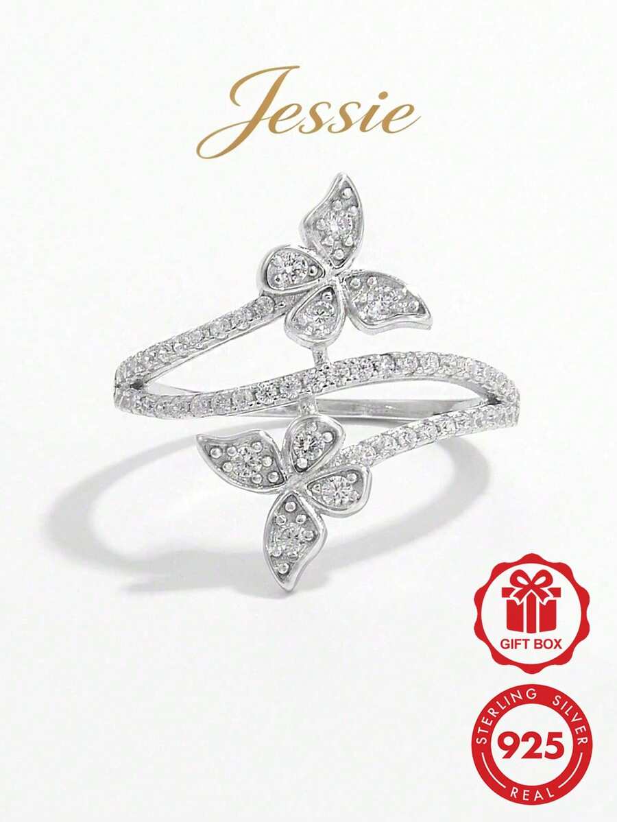 Jessie Jewelry Cincin Tunggal Perak Sterling 925 dengan Zirkonia Kubik, Indah dan Serbaguna, Desain Kupu-kupu, Aksesori Sempurna untuk Perjalanan dan Kencan Wanita - Perak - View 1