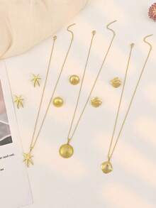 Women's Stainless Steel Jewelry Set, Textured Shell Starfish Heart Square Earrings And Pendant Necklace, Beach Accessories, Suitable For Party And Daily Wear Gift - Gold - View 7
