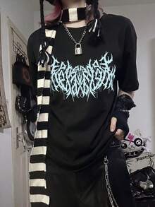 Y2K 暗黑哥德字體印花 T-shirt，青春學院風百搭修身上衣，適合學生休閒穿著，黑色 - 黑色 - 查看 1