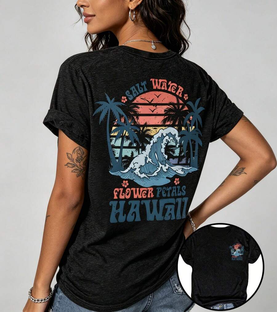 Women's Y2K Casual Summer T-Shirt, Short Sleeve Graphic Tee With Round Neck, Loose Casual Spring And Summer Top For Women, Outfit For 4th Of July, A T-Shirt - 黑色 - 查看 1