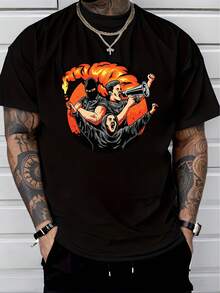 Herren Kurzarm T-Shirt aus reiner Baumwolle mit Grafikdruck, lässiges Streetwear-Design, Action-Charakter-Muster, Sommer-Alltags-T-Shirt - Schwarz - Übersicht 1
