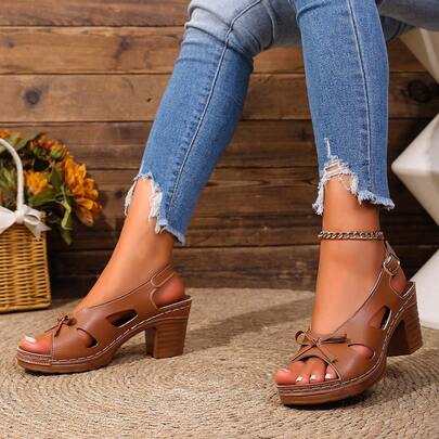 Women's Summer Outdoor Hollow Peep-Toe Bow Knot High Heel Sandals, Comfortable Stitching Buckle Chunky High Heel Shoes