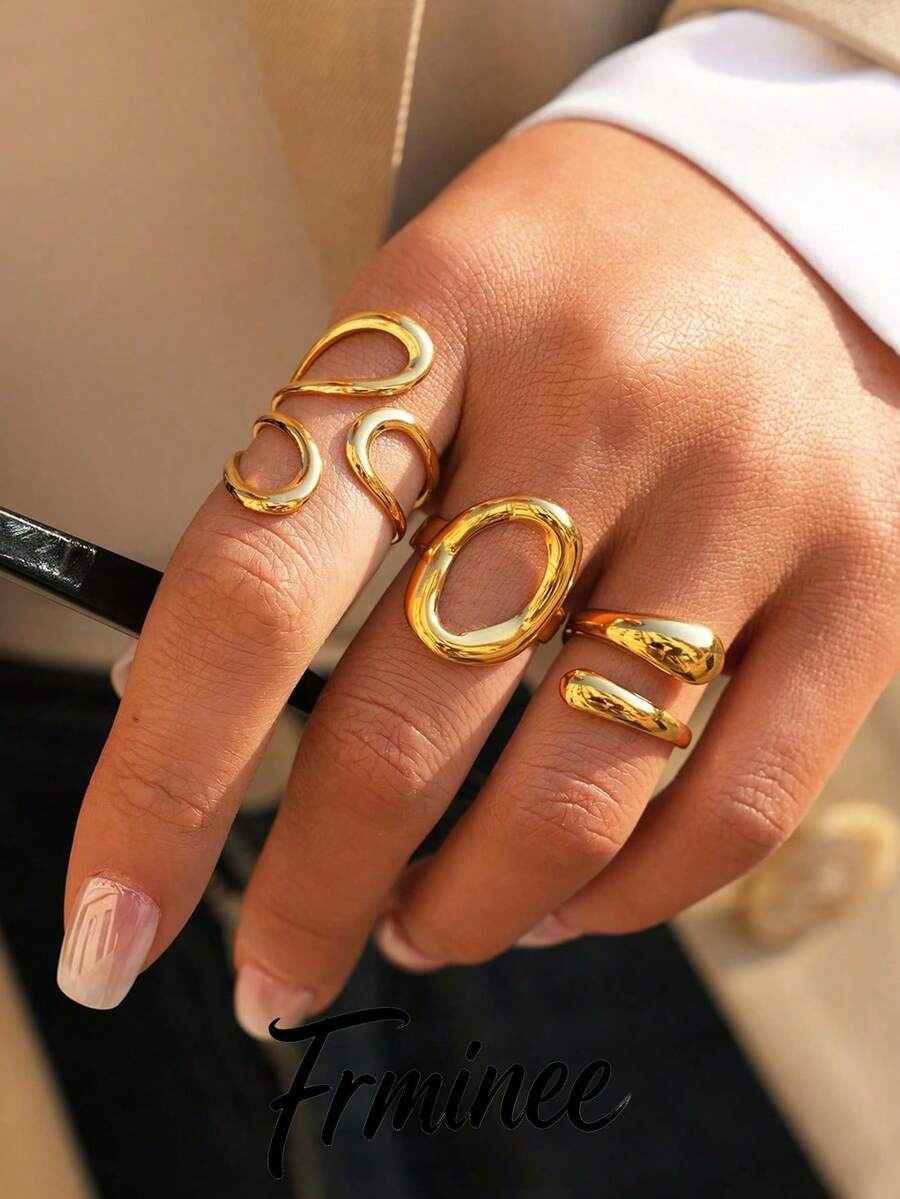Frminee 3件套 时尚简约优雅独特18K镀金不锈钢几何戒指套装，日常佩戴饰品及女士礼品