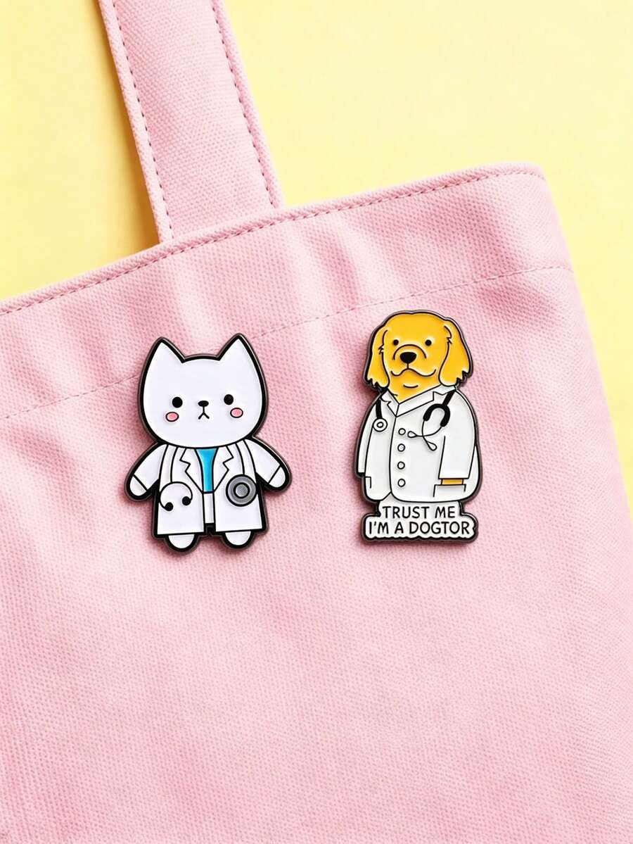 2pcs/Set Cartoon Cute Animal Doctor Pattern Women's Brooch, Can Be Used As Bag Pin And Clothing Accessory, Fashion Jewelry, Daily Wear, Gift For Friends - Multicolor - View 1