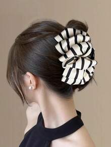 1pc Black White Vertical Stripe Big Bow Hair Claw Clip, Fabric Bow Decor Metal Jaw Clip, Women Half Up Bun Hairstyle Fixing Hair Accessory - Multicolor - View 8