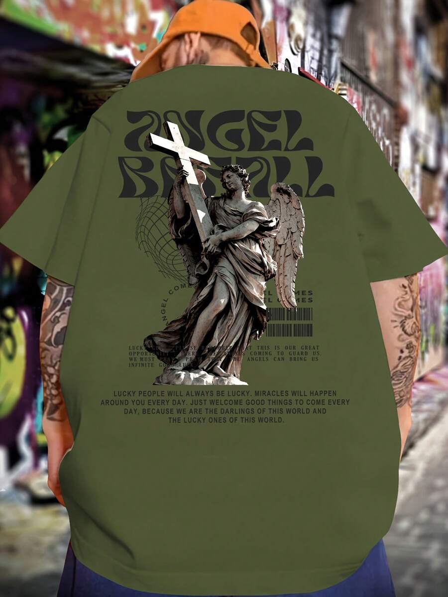 Men's T-Shirt With Angel Print - Army Green - View 1