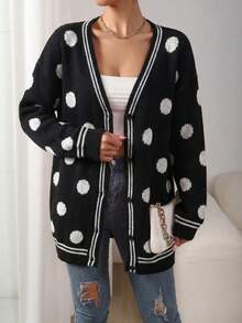 Women's Black And White Polka Dot Button Knit Cardigan, Long Sleeve Open Front Mid-Length, Suitable For Autumn/Winter Wear - Black and White - View 4