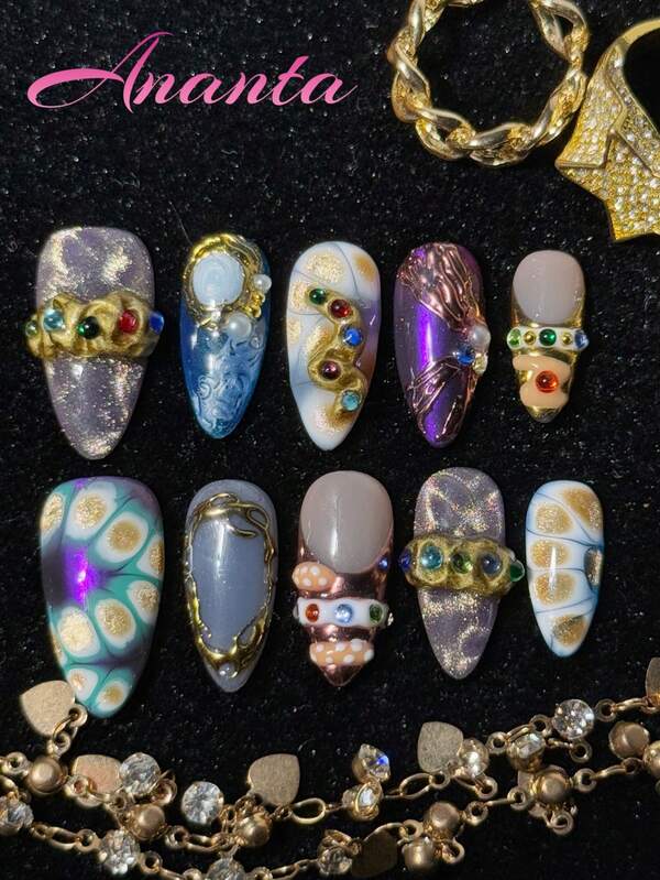 10pcs Almond Shaped Nail Stickers, Handmade, Premium Quality, Diamond Accents, Cat Eye Nail Art, Hand-Painted Gradient, Hand-Drawn 3D Lines, Colorful, Acrylic Press-On Nails, Suitable For Parties, Weddings, Daily Wear, Includes Tool Kit, Suitable For Girls And Women