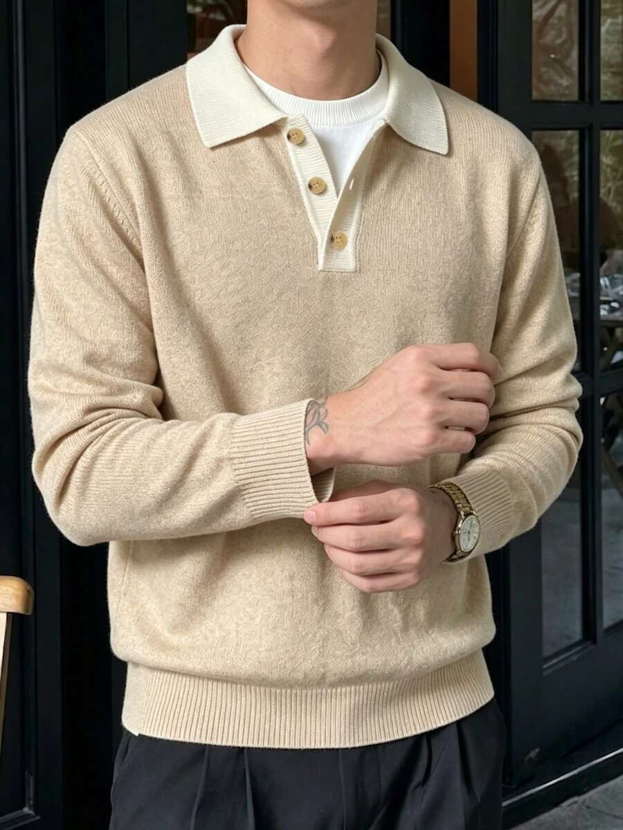 男士時尚休閒度假日常通勤居家穿著 POLO領鈕扣半開襟長袖寬鬆羅紋針織套頭毛衣 秋冬款 - 卡其色 - 查看 1