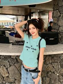 星星字母印花辣妹 Y2K 女款短袖 T-shirt，夏季修身版常規肩寬薄荷綠上衣休閒款 - 薄荷綠 - 查看 3