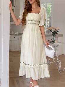 Women's Elegant And Fashionable Lotus Leaf Sleeve Square Neck Dress Long Skirt, High-End Inlaid Slim Waist Tight Cake Skirt Design Fluffy Dress - 杏色 - 查看 6