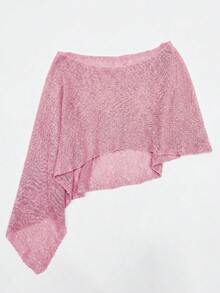 女款Y2K波希米亞風度假服飾：粉色透視防曬針織上衣。這款不對稱露肩短版開襟衫採用鏤空針織設計，飾有亮片裝飾，為夏季海灘度假和音樂節帶來涼爽舒適感。寬鬆版型適合各種體型，是夏季必備的時尚防曬單品。 - 粉色 - 查看 5