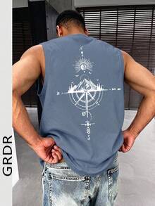 GRDR 男士夏季指南針與山峰印花休閒無袖背心 - 霧霾藍 - 查看 1