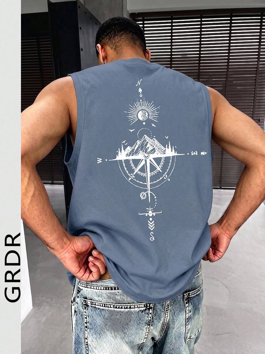GRDR 男士夏季指南針與山峰印花休閒無袖背心 - 霧霾藍 - 查看 1